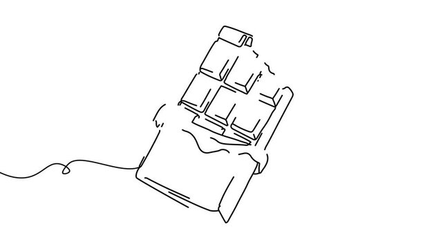 Animation of line drawing of chocolate bar with bite mark, sweet treat.