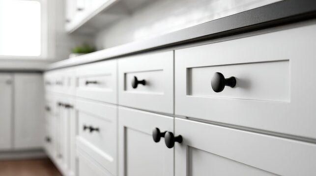 Stunning photo of close-up of white shaker-style kitchen cabinets with modern matte black hardware and round knobs.