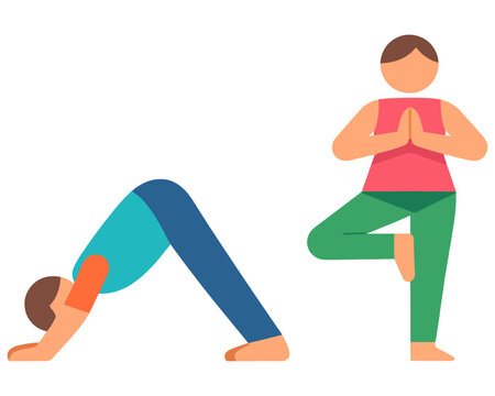 young man and woman doing yoga in simple shape and vector style