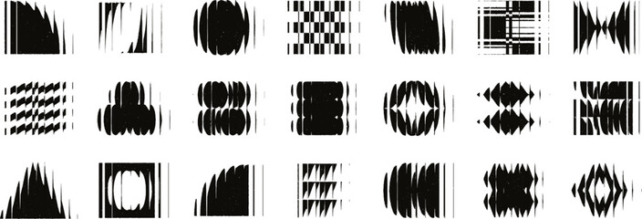 Abstract distorted geometric shapes, postmodern brutalist aesthetic forms with refracted glass effect. Grunge bold optical distortion graphics, dystopian sci-fi ribbed glass elements vector set © Your Local Llamacorn