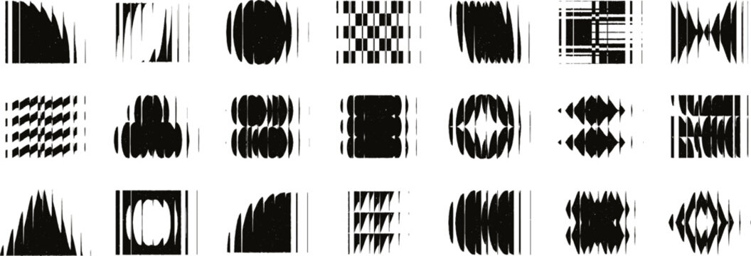Abstract distorted geometric shapes, postmodern brutalist aesthetic forms with refracted glass effect. Grunge bold optical distortion graphics, dystopian sci-fi ribbed glass elements vector set