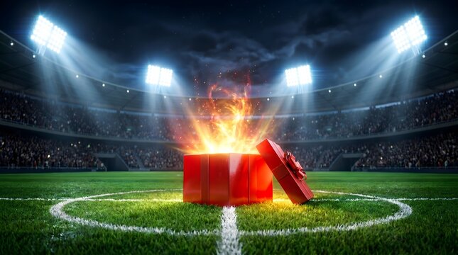 Glowing red gift box opening with fire and magic light on football stadium center circle at night, sport surprise concept