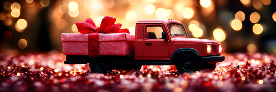 A small red toy truck carrying a pink holiday gift box package driving through blurred bokeh light sparkles