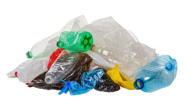 Pile of colorful plastic bottles and bags, isolated on transparent background