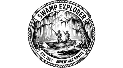 Fototapeta premium Swamp Explorer Vintage Badge with Boat, Alligator and Trees