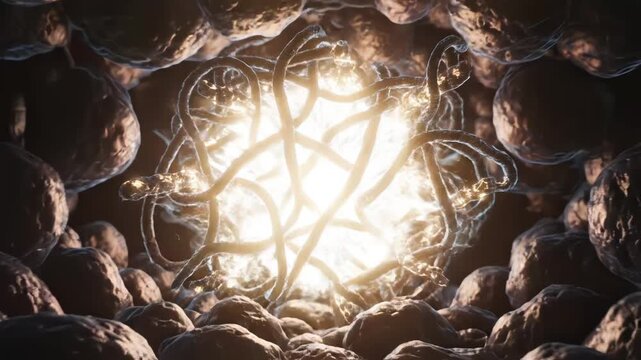 Abstract cellular structures in dark space symbolizing dynamic movement and artistic expression