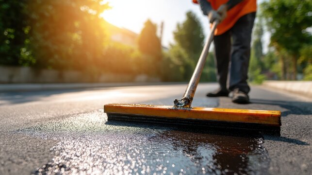 Stunning photo of person sealing driveway with squeegee applicator tool in sunny day. Driveway asphalt sealcoating protects pavement, prevents fractures. Maintenance worker.