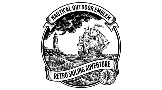 Nautical Emblem with Vintage Sailing Ship, Lighthouse, and Compass Rose