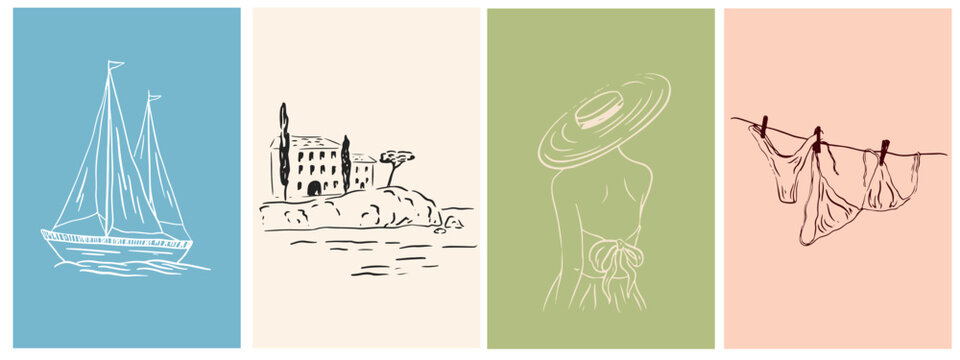 Hand drawn Italian summer vacation posters set. Doodle ink Italy coast sea, or beach print elements, woman, sea boat, bikini. Vector La Dolce Vita card designs for invitation card to beach party