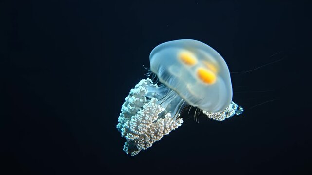 Jellyfish with yellow spots in dark water ideal for eco-friendly campaigns and travel vlogs
