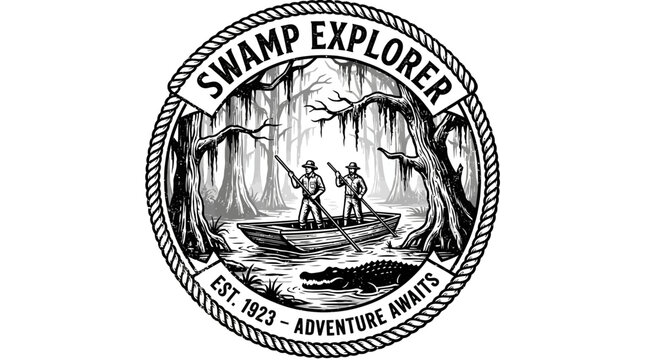 Swamp Explorer Vintage Badge with Boat, Alligator and Trees
