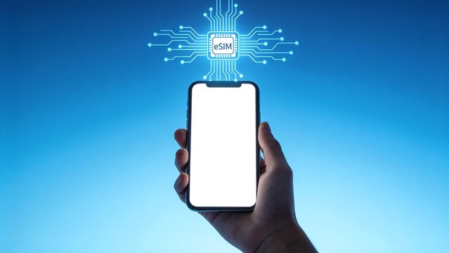 Hand holding smartphone with eSIM graphic