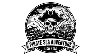 Fototapeta premium Pirate Skull Emblem with Ship and Waves - Vector Art