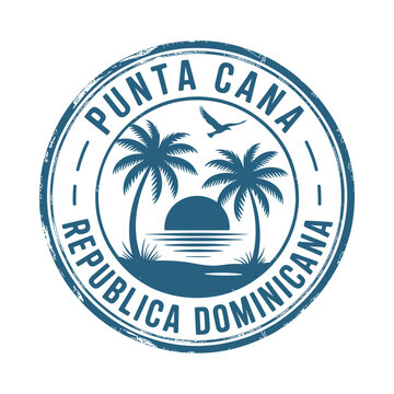Punta Cana travel stamp with palm trees and bird blue vector illustration