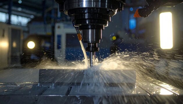 CNC milling machine processing on steel with cooling, coolant milk in the metal