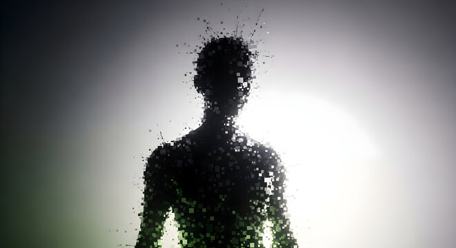 A silhouette of a person disintegrates into particles against a bright light.