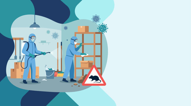 Professional exterminators in protective suits sanitizing a warehouse and controlling hantavirus rodent infestation with warning signs