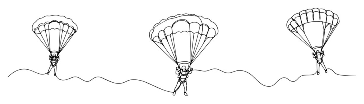 paratroopers landing with parachutes outline illustration