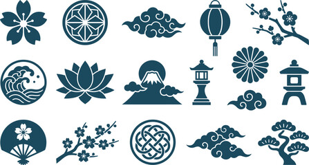 Blue chinese new year lantern fan panda oriental decoration traditional celebration vector illustration icon collection festive set © nazmulgraphix