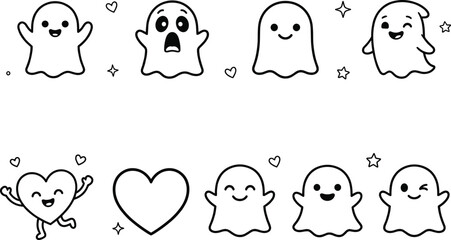 Fototapeta premium Cute cartoon ghost and heart character collection featuring friendly halloween spirits with different facial expressions, linear doodles, starry sparkles, and cheerful vector holiday symbols.