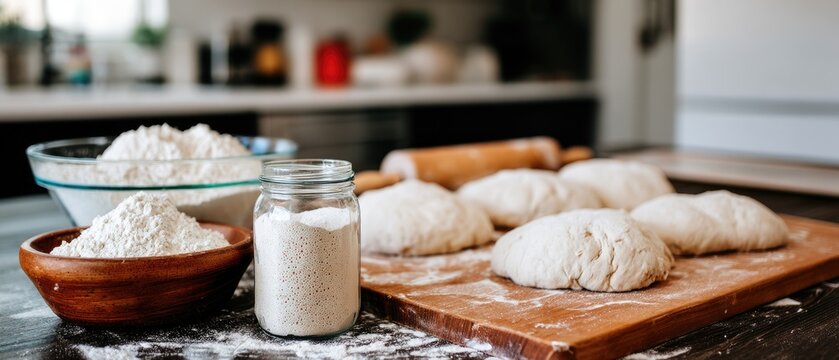 Baking essentials on a dark wooden surface featuring sourdough starter, flour, water, and dough balls in soft natural light