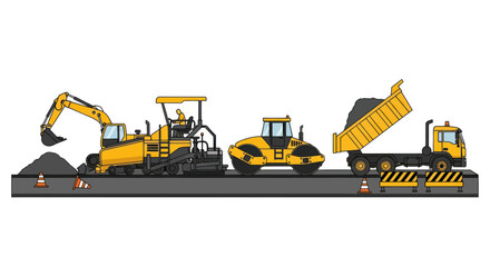 Road Construction: Asphalt Paver, Roller, Excavator, and Dump Truck © doung