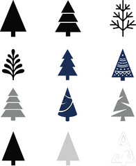 Obraz premium Minimalist Christmas tree icon vector set with flat geometric spruce silhouettes and winter holiday pine symbols isolated on white background
