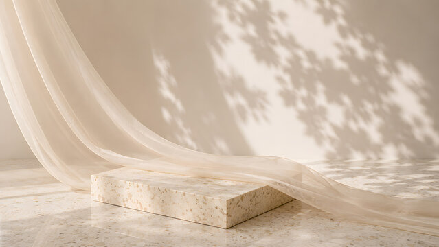 Elegant cosmetic podium setup with soft beige fabric drape and botanical shadow lighting in studio scene.