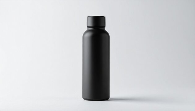 Black reusable water bottle with screw cap on a plain background eco friendly zero waste reusable drinkware container hydration minimalist beverage refreshment