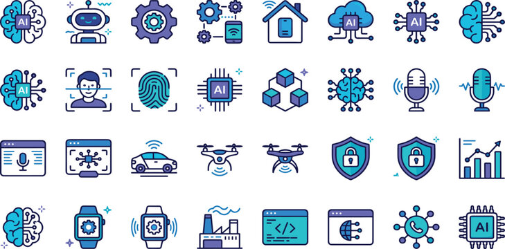 Artificial Intelligence and Modern Technology Icon Set for Machine Learning Automation and Smart Digital Systems