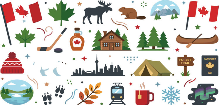 Canada travel icons set featuring maple leaf flag moose beaver mountains cabin and outdoor adventure symbols.