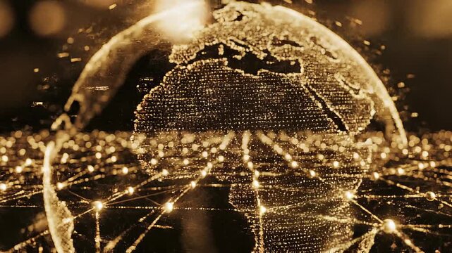 Golden digital globe network with connected data points and glowing lights representing global communication