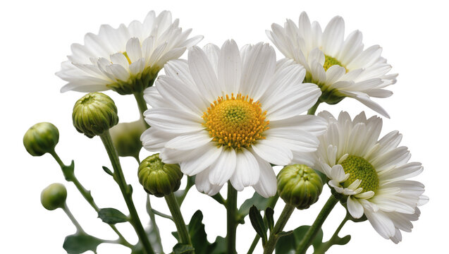 White daisy flowers and green buds, isolated on transparent background
