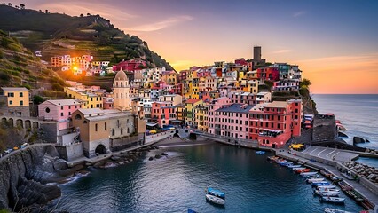 Obraz premium Colorful houses on a hillside by the sea at sunset, Cinque Terre, Italy