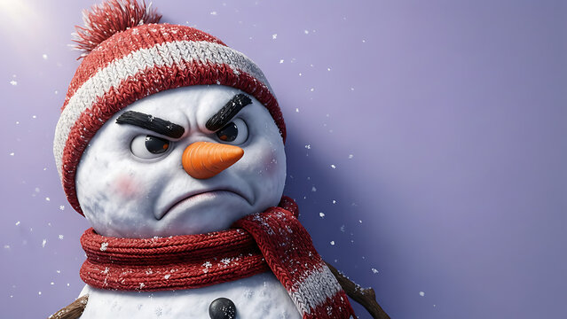 Angry snowman with a red and white knitted hat and scarf against a soft purple background