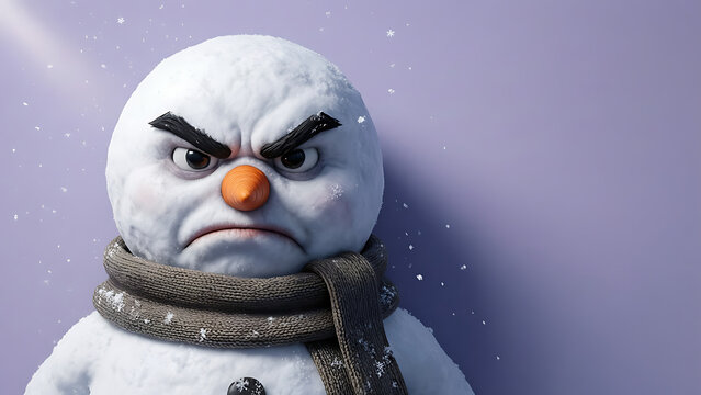 Angry snowman with a carrot nose and a brown scarf against a purple background