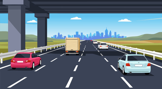 Highway transportation vector illustration of vehicles on a busy road with a cityscape in the background, depicting urban commute and travel