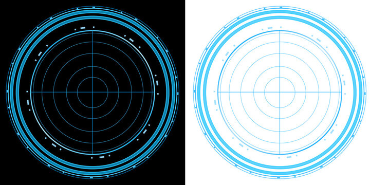 Radar futuristic circular scanning interface with glowing blue rings and digital target system visualization
