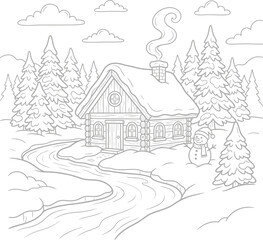 Naklejka premium Cozy winter log cabin with snow-covered roof and surrounding pine trees, line style winter cabin snowflakes