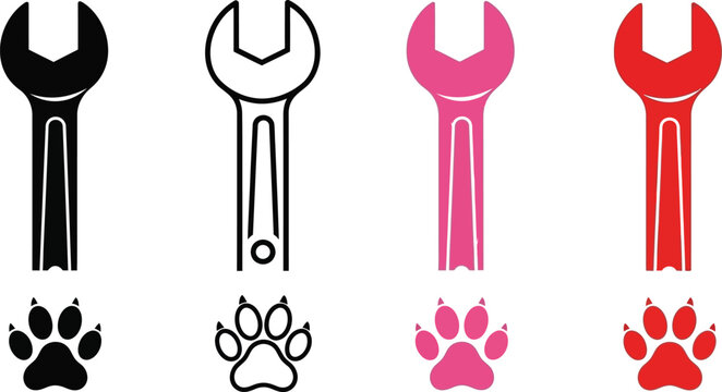 Minimalist vector icon set featuring mechanical spanner wrenches and animal paw prints in black pink and red variants.Minimalist vector icon set featuring mechanical spanner wrenches and animal paw pr