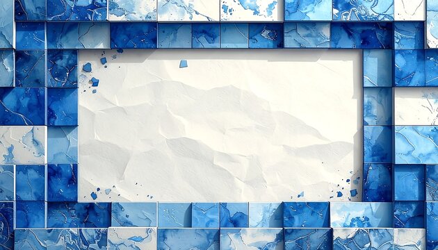 A frame composed of blue-toned tiles surrounds a textured white rectangle, evoking a sense of calm and art