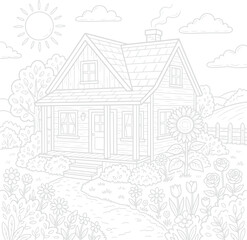 Obraz premium Black and white line of a countryside house with trees and sun line silhouette cottage