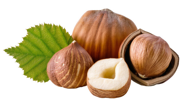 Whole and halved hazelnuts with a green leaf, isolated on transparent background