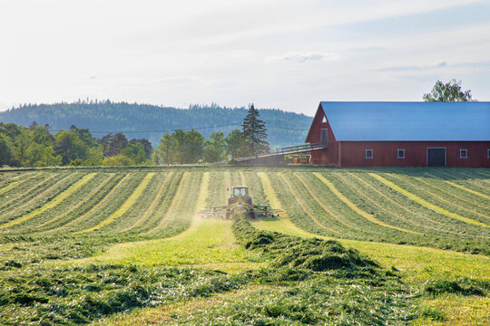 Tractor harvesting field against sky