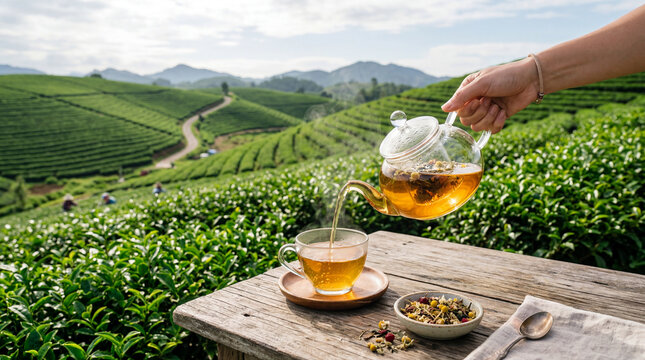Hand pouring herbal tea from glass teapot into cup on wooden table, small bowl of loose leaves on side, lush green tea plantation background, copy space