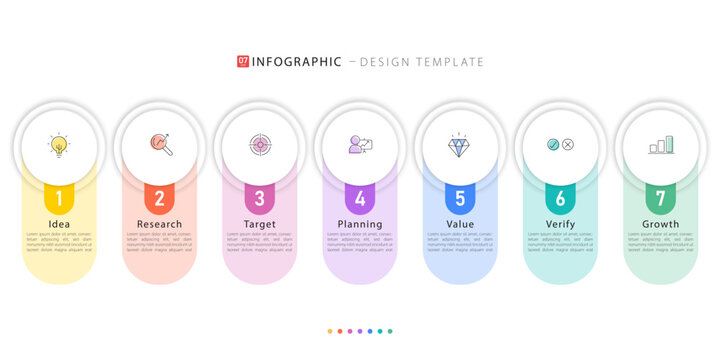 Business infographic template. 7 Step timeline journey. Process diagram, 7 options on white background, Infograph elements, technology, education, modern vector illustration.