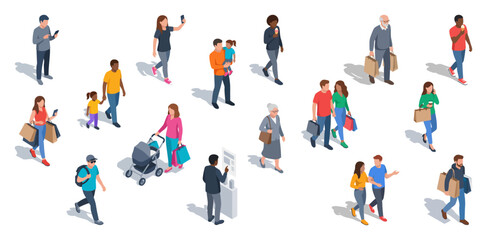 Diverse mall crowds walking and shopping with bags and strollers | Isometric vector illustration of consumers and families