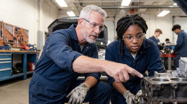 caucasian male auto mechanics teacher high school vocational car engine student trade workshop seasoned vocational educator teaching automotive maintenance skills to focused diverse students in school