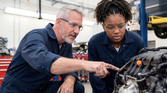 caucasian male auto mechanics teacher high school vocational car engine student trade workshop experienced mechanics instructor pointing at car engine parts explaining to female teen student in