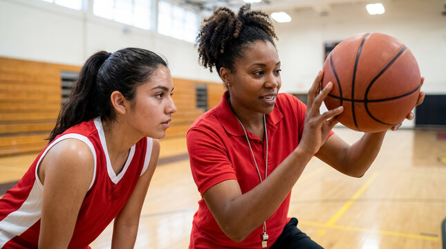 african american female basketball coach high school athletic sports gym student mentor leader motivating basketball coach giving game strategy to teen players huddled on indoor gym court for sports